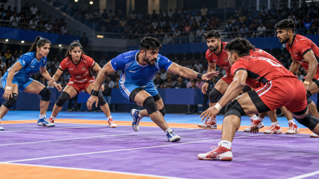 Illustrative kabaddi action in an indoor arena; not a photograph of the Asian Games finals