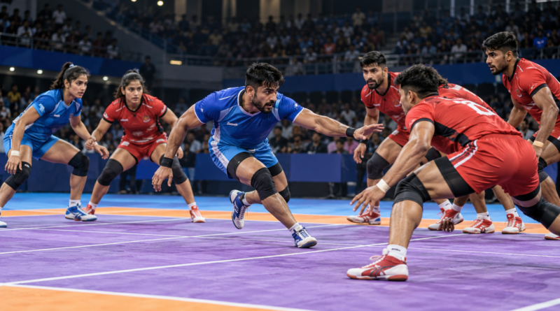 Illustrative kabaddi action in an indoor arena; not a photograph of the Asian Games finals