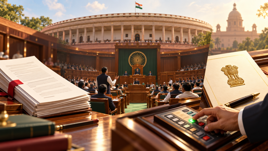 Illustration of parliamentary debate, bill pages and a voting desk