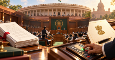 Illustration of parliamentary debate, bill pages and a voting desk