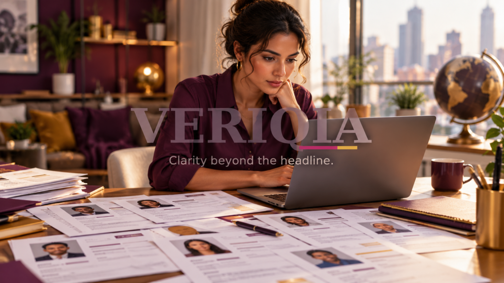Job seeker reviewing applications at a laptop, with a centered VERIQIA watermark.