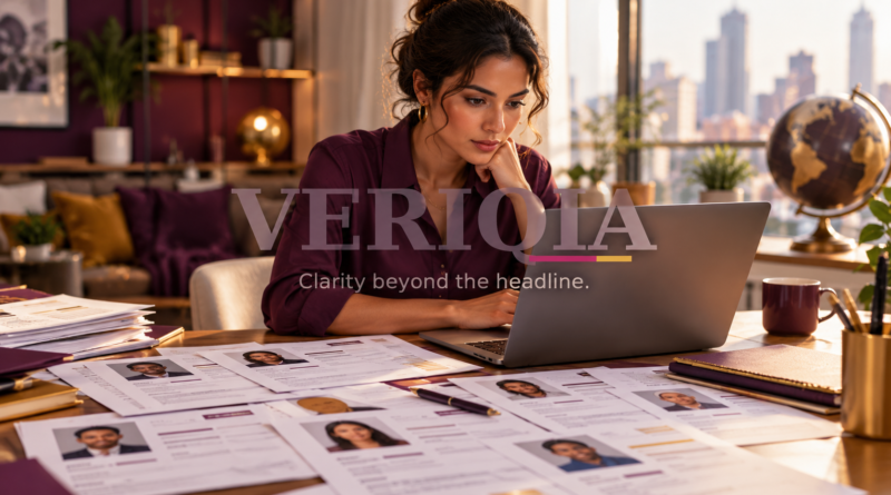 Job seeker reviewing applications at a laptop, with a centered VERIQIA watermark.