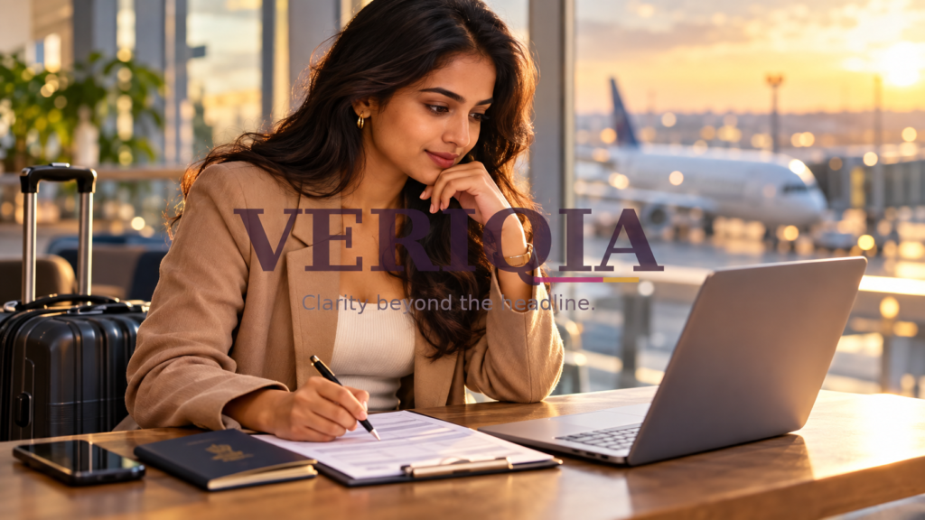 An overseas applicant considers a form by an airport window, with a centered VERIQIA watermark.