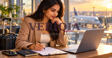 An overseas applicant considers a form by an airport window, with a centered VERIQIA watermark.