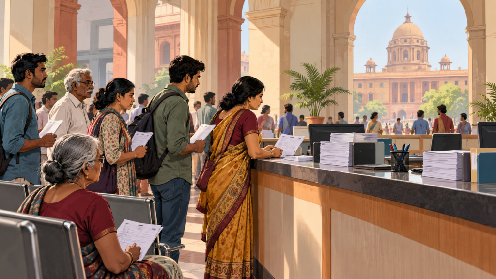 Illustration of a civic service counter and residents holding forms
