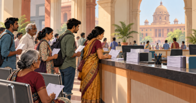 Illustration of a civic service counter and residents holding forms