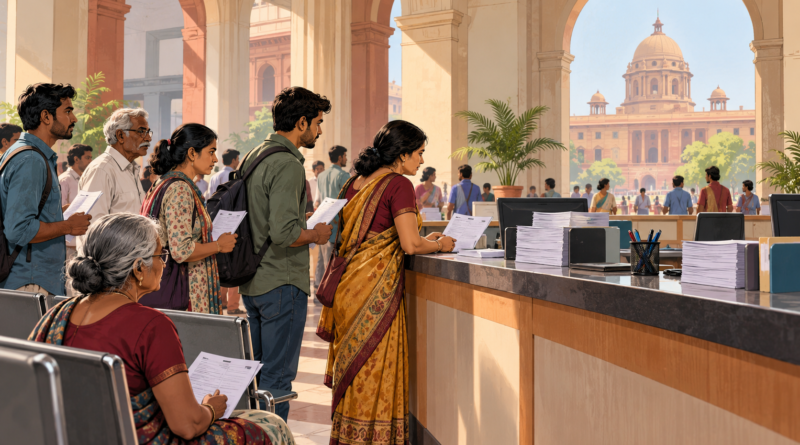 Illustration of a civic service counter and residents holding forms