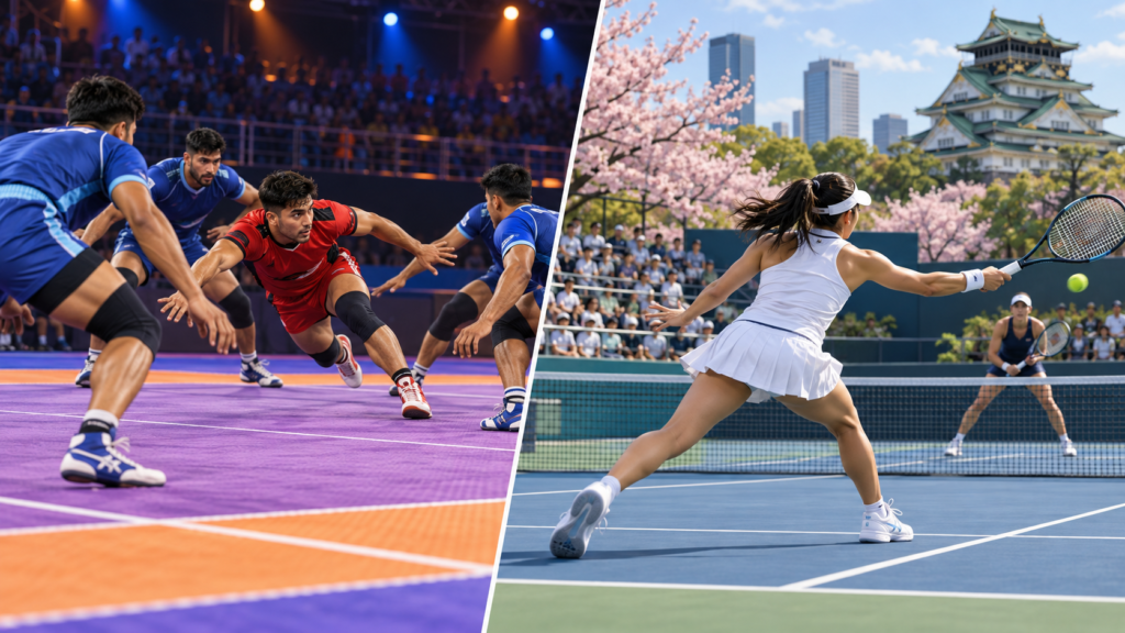 Illustration of kabaddi and tennis competition in separate arenas