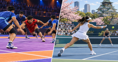 Illustration of kabaddi and tennis competition in separate arenas