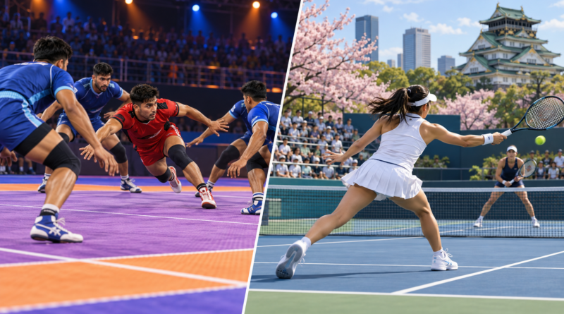 Illustration of kabaddi and tennis competition in separate arenas