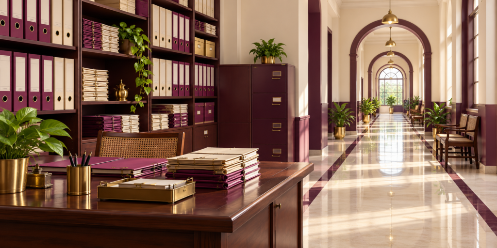Illustration of organized public-office records and a government corridor