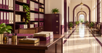 Illustration of organized public-office records and a government corridor
