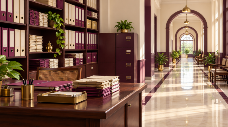 Illustration of organized public-office records and a government corridor