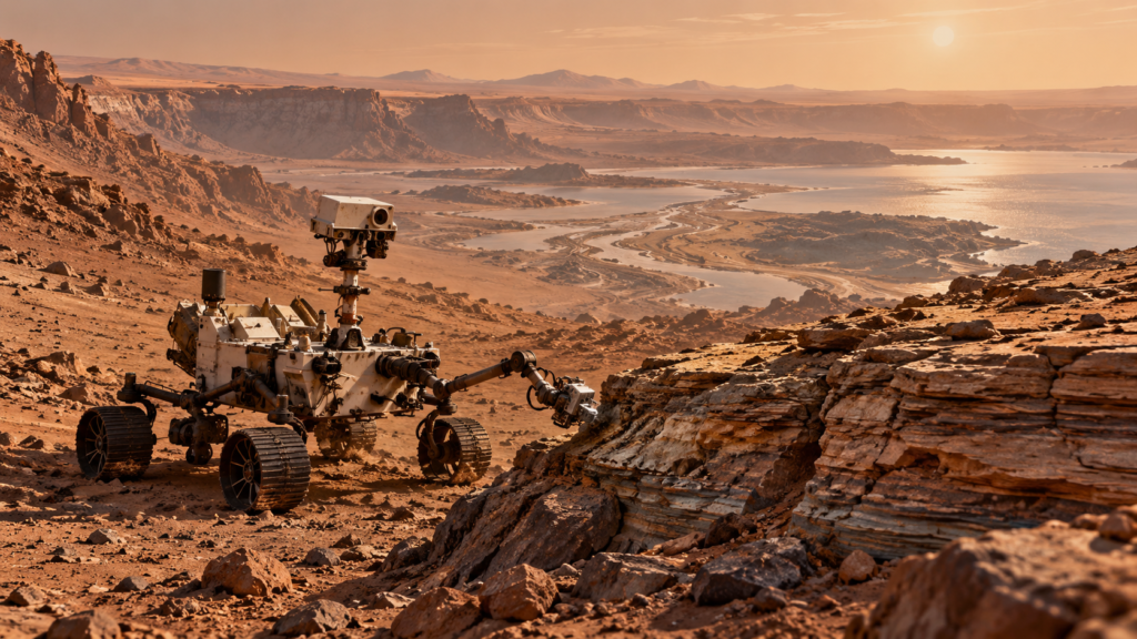 Illustration of a Mars rover beside layered rocks in an ancient crater landscape