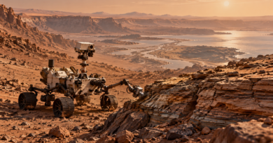 Illustration of a Mars rover beside layered rocks in an ancient crater landscape
