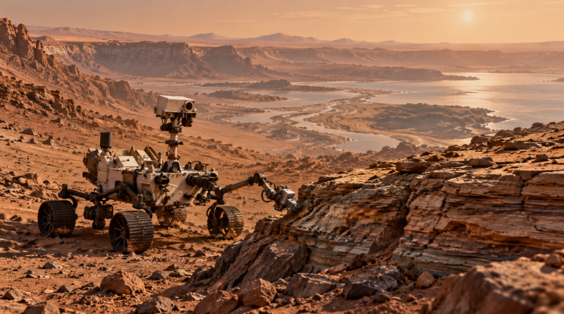 Illustration of a Mars rover beside layered rocks in an ancient crater landscape
