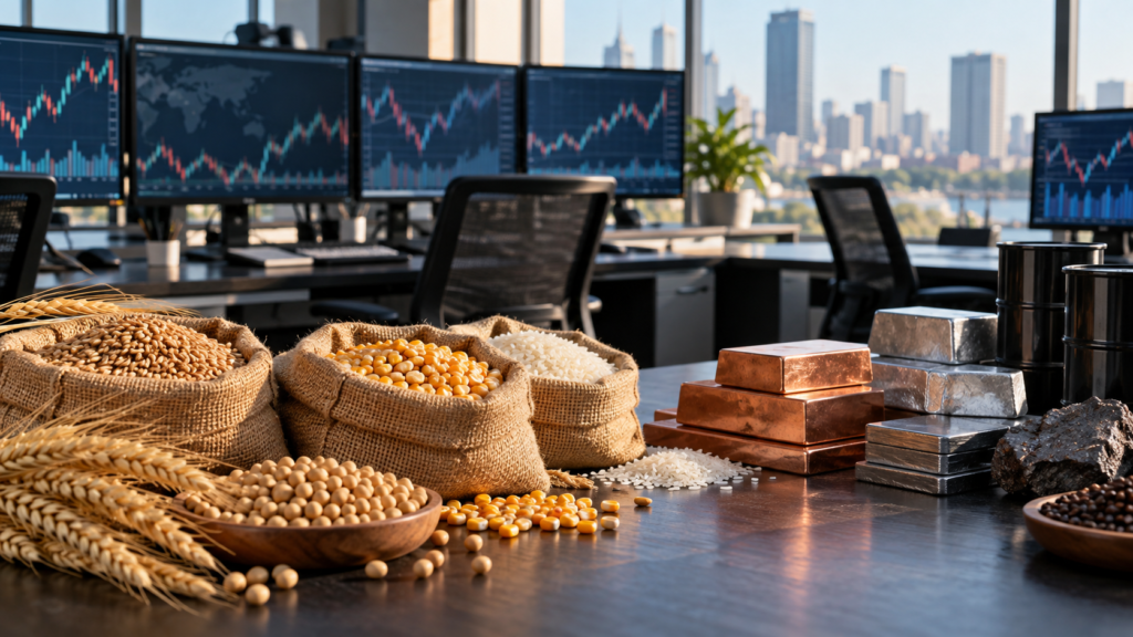 Illustrative commodities trading desk with grains, metals and market charts