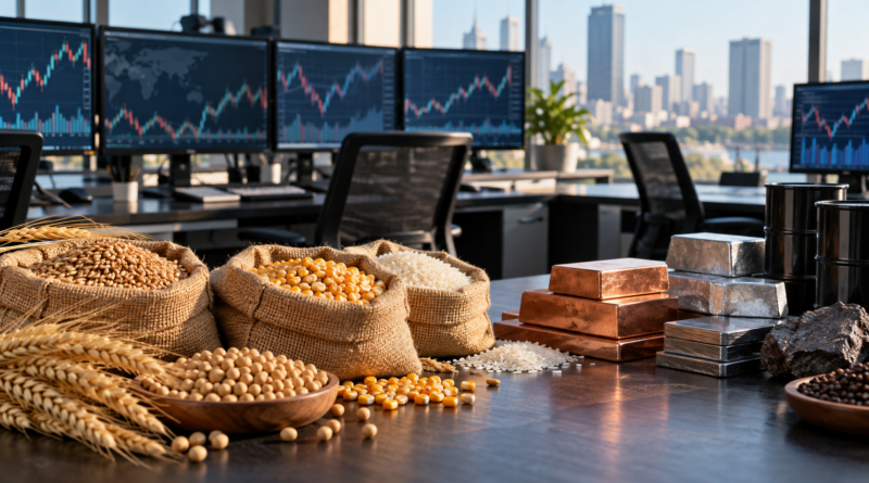 Illustrative commodities trading desk with grains, metals and market charts