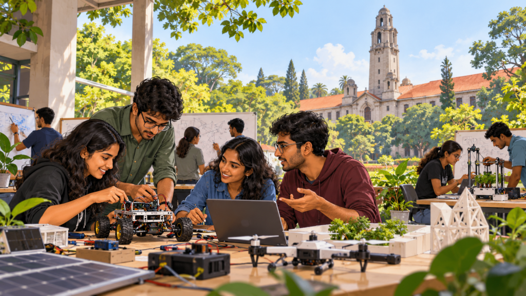Illustration of students working with prototypes on a campus