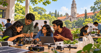 Illustration of students working with prototypes on a campus
