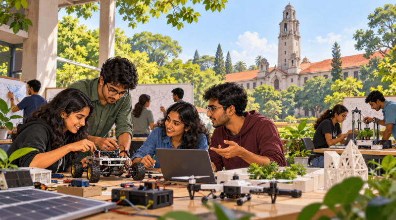 Illustration of students working with prototypes on a campus