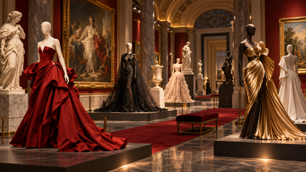 Couture dresses displayed beside sculpture and paintings in a museum gallery