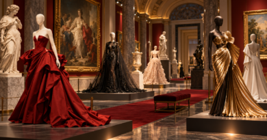 Couture dresses displayed beside sculpture and paintings in a museum gallery