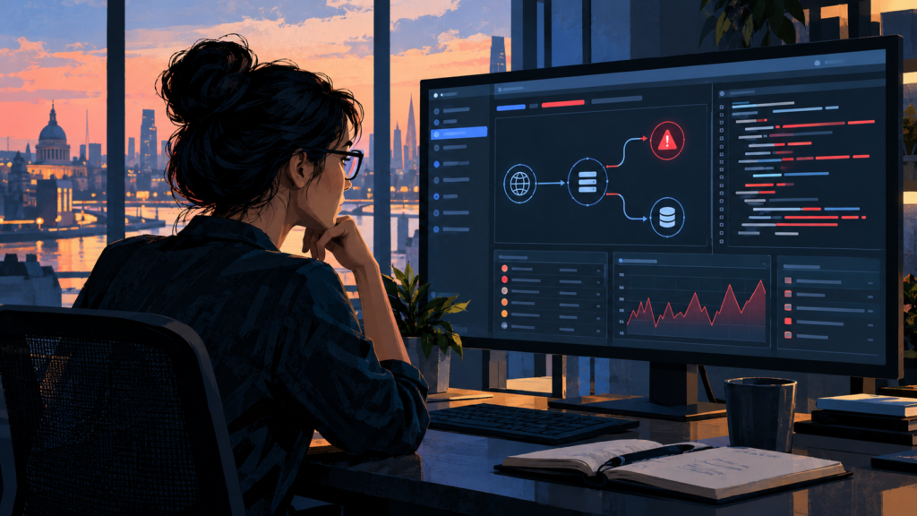 Illustration of a security researcher reviewing a web application dashboard