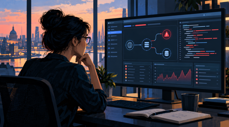 Illustration of a security researcher reviewing a web application dashboard