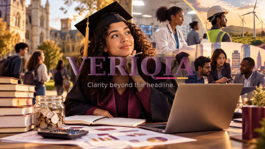Is a College Degree Still Worth It for Getting a Job? Editorial illustration with centered VERIQIA watermark.
