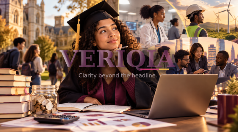 Is a College Degree Still Worth It for Getting a Job? Editorial illustration with centered VERIQIA watermark.