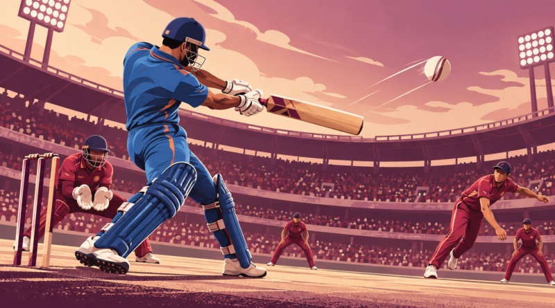 Illustration of a cricket match under stadium lights