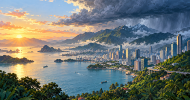 Illustration of an Asian coastal city and mountains beneath changing weather