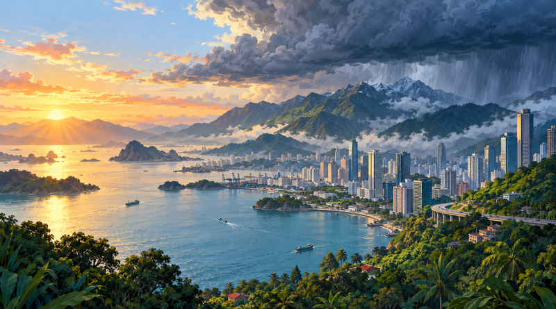 Illustration of an Asian coastal city and mountains beneath changing weather