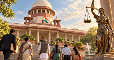 Citizens approaching an Indian courthouse with petition folders