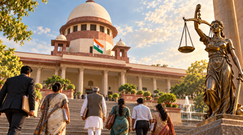 Citizens approaching an Indian courthouse with petition folders