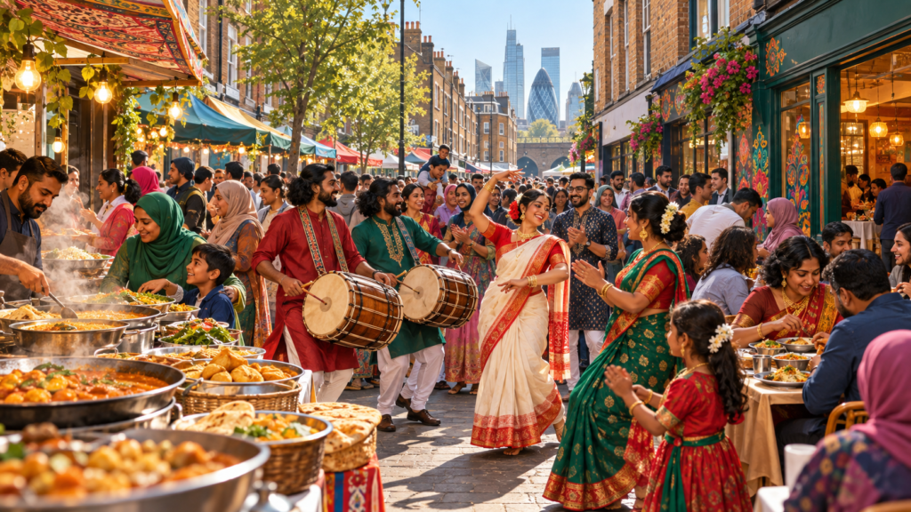 Illustration of a Bengali food and music festival on Brick Lane