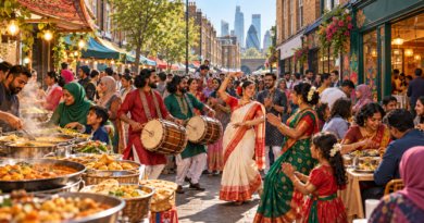 Illustration of a Bengali food and music festival on Brick Lane