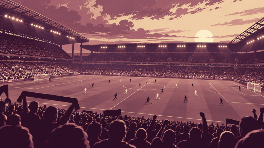Illustration of a football stadium with players under floodlights