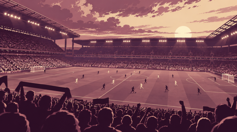 Illustration of a football stadium with players under floodlights