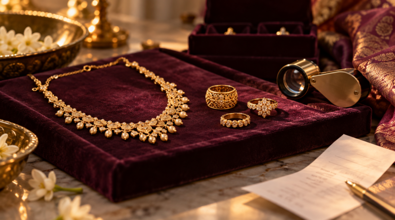 Gold necklace and rings with jeweller loupe and invoice