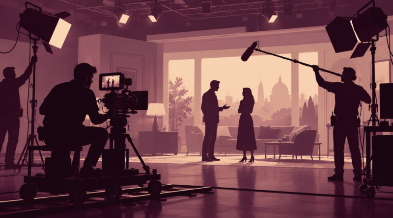 Illustration of television production lights and a drama set