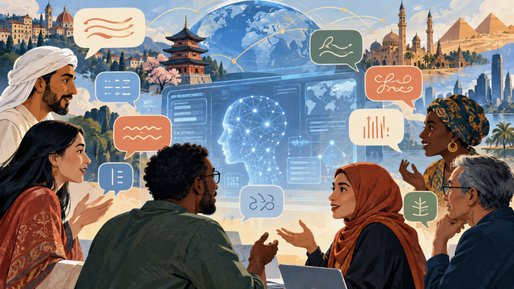 Illustration of people communicating across languages around an AI interface