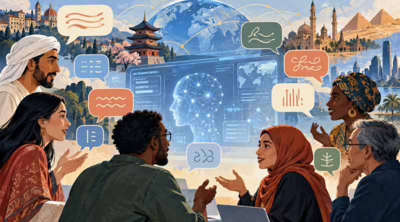 Illustration of people communicating across languages around an AI interface