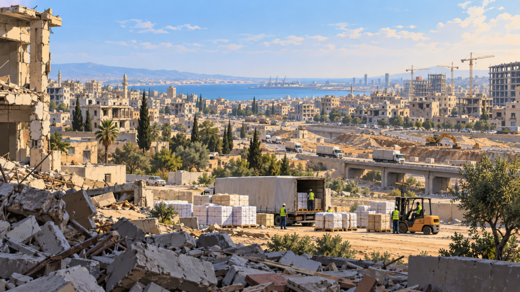 Illustration of aid logistics and damaged urban buildings