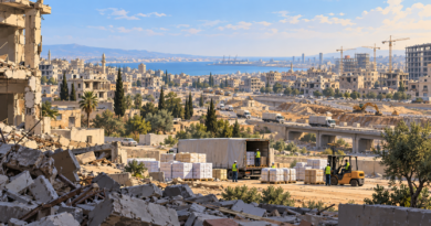Illustration of aid logistics and damaged urban buildings