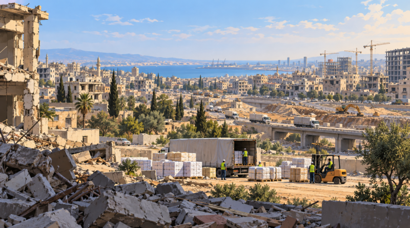 Illustration of aid logistics and damaged urban buildings