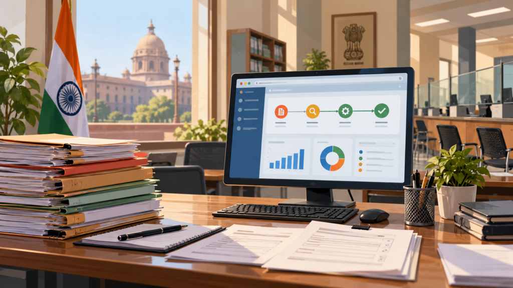 Illustration of a public service office with a computer dashboard and paperwork