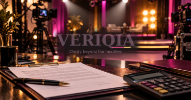 Television production contract and calculator on a studio desk, with a centered VERIQIA watermark.