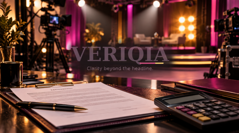 Television production contract and calculator on a studio desk, with a centered VERIQIA watermark.